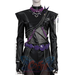 Rumi cosplay black leather suit with purple decorations, mesh details, waist belt and chain accessories for stylish anime cosplay.