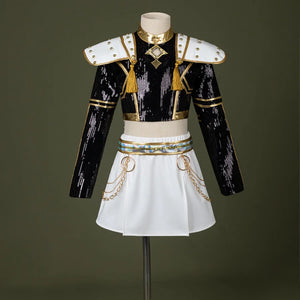 HUNTR/X Kid Zoey cosplay costume, black sequins top, golden decorations and white skirt, front view