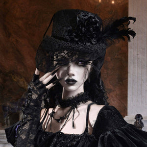 Elegy Day Gothic Victorian Flat-Top Faux Wool Duke Hat with Strap