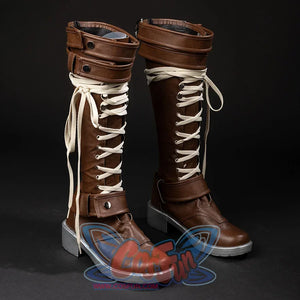 COSFUN Rogue Anna Marie cosplay boots, angled front view with brown panels, cream laces, upper straps, and silver soles