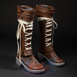 COSFUN Rogue Anna Marie cosplay boots, angled front view with brown panels, cream laces, upper straps, and silver soles
