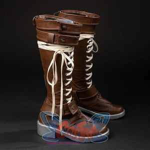 COSFUN Rogue Anna Marie cosplay boots, angled side view with tall brown shafts, cream laces, ankle straps, and silver soles