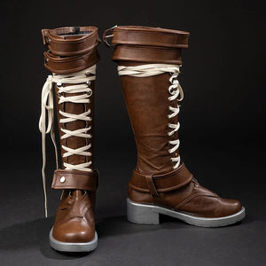 COSFUN Rogue Anna Marie cosplay boots, front side view with brown shafts, cream laces, wrap straps, and silver soles