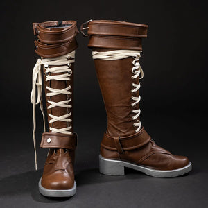 COSFUN Rogue Anna Marie cosplay boots, front side view with brown shafts, cream laces, wrap straps, and silver soles