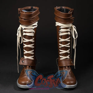 COSFUN Rogue Anna Marie cosplay boots, front view with tall brown shafts, cream crisscross laces, and ankle straps