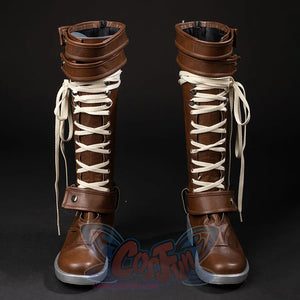 COSFUN Rogue Anna Marie cosplay boots, front view with tall brown shafts, cream crisscross laces, and ankle straps