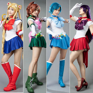 COSFUN Rei Hino Makoto Kino Ami Mizuno cosplay costumes set layers four sailor uniforms with gloves and wands.