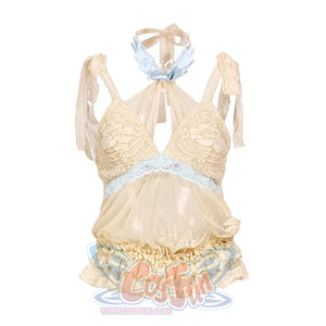 Flat lay of the Halter camisole item with lace cups, sheer body, and blue bow collar