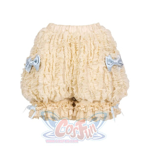 Flat lay of the Pumpkin bloomers item with layered ruffles and pale blue bows
