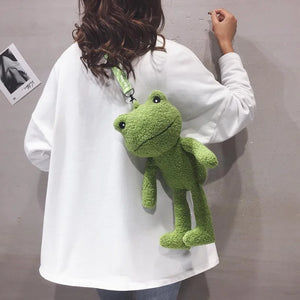 Cute Cartoon Plush Green Frog Doll Faux Wool Shoulder Bags C00072