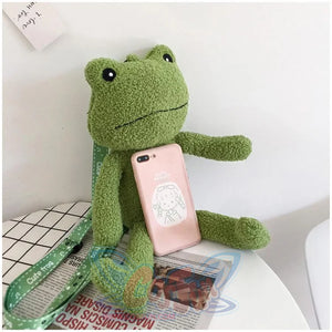 Cute Cartoon Plush Green Frog Doll Faux Wool Shoulder Bags C00072