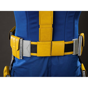 Cyclops Scott Summers cosplay back belt detail sets yellow strap panels between gray side buckles.