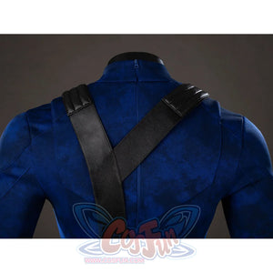 Cyclops cosplay back harness close-up crosses black straps over blue bodysuit panels.