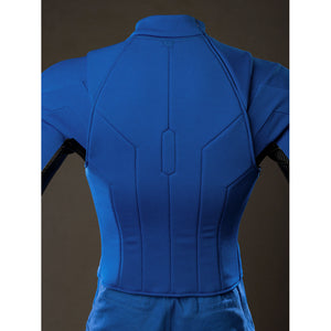 Cyclops Scott Summers cosplay bodysuit back view maps raised blue seams along the fitted torso.