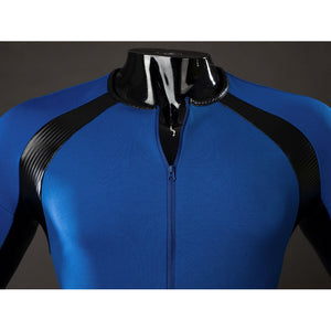 Cyclops Scott Summers cosplay bodysuit collar detail centers a front zipper between black panels.