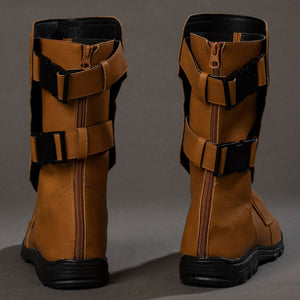Cyclops Scott Summers cosplay boots back view aligns black buckles beside rear zipper seams.