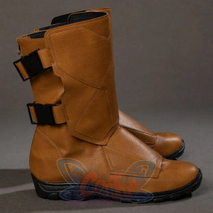 Cyclops Scott Summers cosplay boots side profile sets black buckle straps over brown shaft panels.