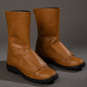 COSFUN Cyclops Scott Summers cosplay boots angle brown matte PU leather over rugged black soles.