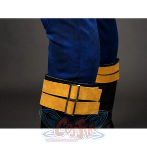 Cyclops cosplay calf guard close-up layers yellow bands over the blue lower-leg panels.