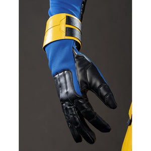 Cyclops Scott Summers cosplay glove detail frames black fingers below a yellow wrist cuff.