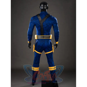 Cyclops cosplay costume back view anchors yellow pouches around the harness and belt.