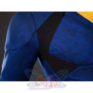 Cyclops cosplay shoulder panel detail layers black inserts against mottled blue sleeves.