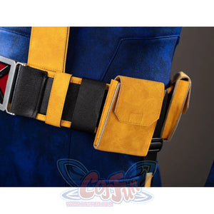 Cyclops cosplay side pouch detail hangs from the yellow belt beside the blue shorts.
