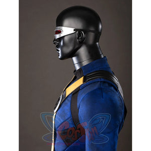 Cyclops cosplay costume side profile layers the visor, shoulder harness and blue sleeve.