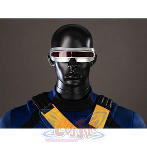 Cyclops cosplay visor close-up centers the silver frame and red lens above the blue collar.