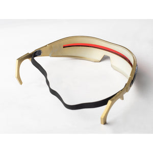 Cyclops Scott Summers cosplay glasses side view traces the gold-tone visor frame and black strap.