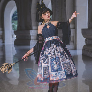 Egypt Style Lolita Backless Neck Dress Dark Blue / XS