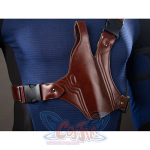 Daredevil: Born Again Bullseye cosplay sheath detail shows brown faux leather panels shaped across the blue chest