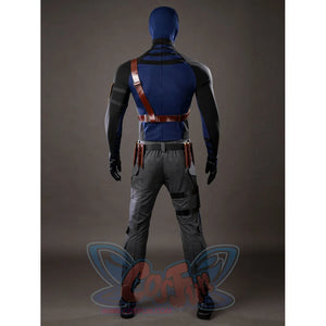 Daredevil: Born Again Bullseye cosplay costume back view shows the blue back panel framed by black sleeves and gray pants