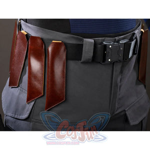 Daredevil: Born Again Bullseye cosplay belt detail sets a black waist belt above gray pants and brown strap ends