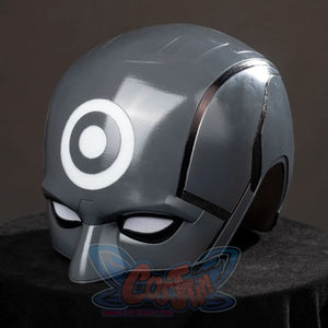 Daredevil: Born Again Bullseye cosplay helmet angled front view shows the target mark over a glossy gray shell