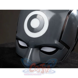 Daredevil: Born Again Bullseye cosplay helmet close-up centers the white target mark above the narrow eye openings