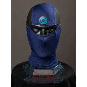 Daredevil: Born Again Bullseye cosplay hood front view centers a target emblem above black eye openings on blue fabric