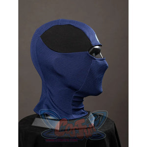 Daredevil: Born Again Bullseye cosplay hood side profile shows the blue face covering edged by a black panel