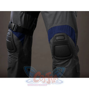 Daredevil: Born Again Bullseye cosplay leg band detail frames black knee guards against gray pants and blue panels