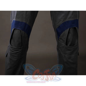 Daredevil: Born Again Bullseye cosplay knee detail sets black padded panels into gray pants with blue accents