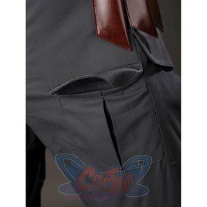 Daredevil: Born Again Bullseye cosplay pants pocket detail shows layered gray fabric beside a brown hanging strap