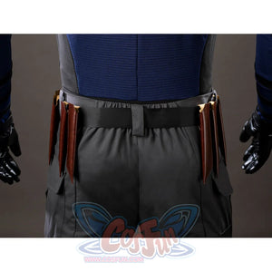 Daredevil: Born Again Bullseye cosplay rear pants detail shows dangling brown strap ends set over gray fabric