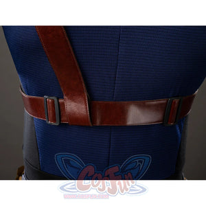Daredevil: Born Again Bullseye cosplay rear waist detail shows the brown belt strap crossing the blue back panel