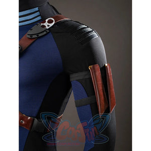 Daredevil: Born Again Bullseye cosplay side sheath detail wraps a brown strap over blue and black fabric