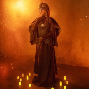 COSFUN Dark Souls III Fire Keeper cosplay costume full view layers a black cloak over a dark layered gown.