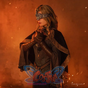 Dark Souls III Fire Keeper cosplay costume close-up centers brown glove wraps below ornate chest trim.