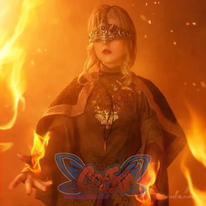Dark Souls III Fire Keeper cosplay costume close-up sets a hooded black cloak around ornate chest trim.