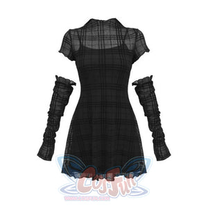 Dark Y2K Stretch Flocking Plaid Dress Lace Sleeve Cover Black Party / S