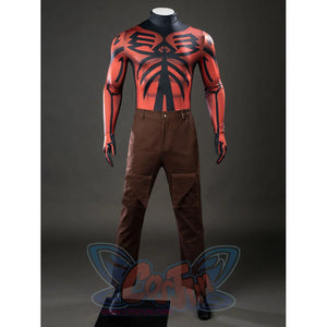 Darth Maul cosplay bodysuit back view traces red markings below black shoulder straps and brown pants.
