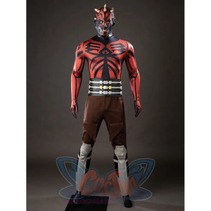 Darth Maul cosplay bodysuit front view highlights red-and-black chest graphics above brown pants.